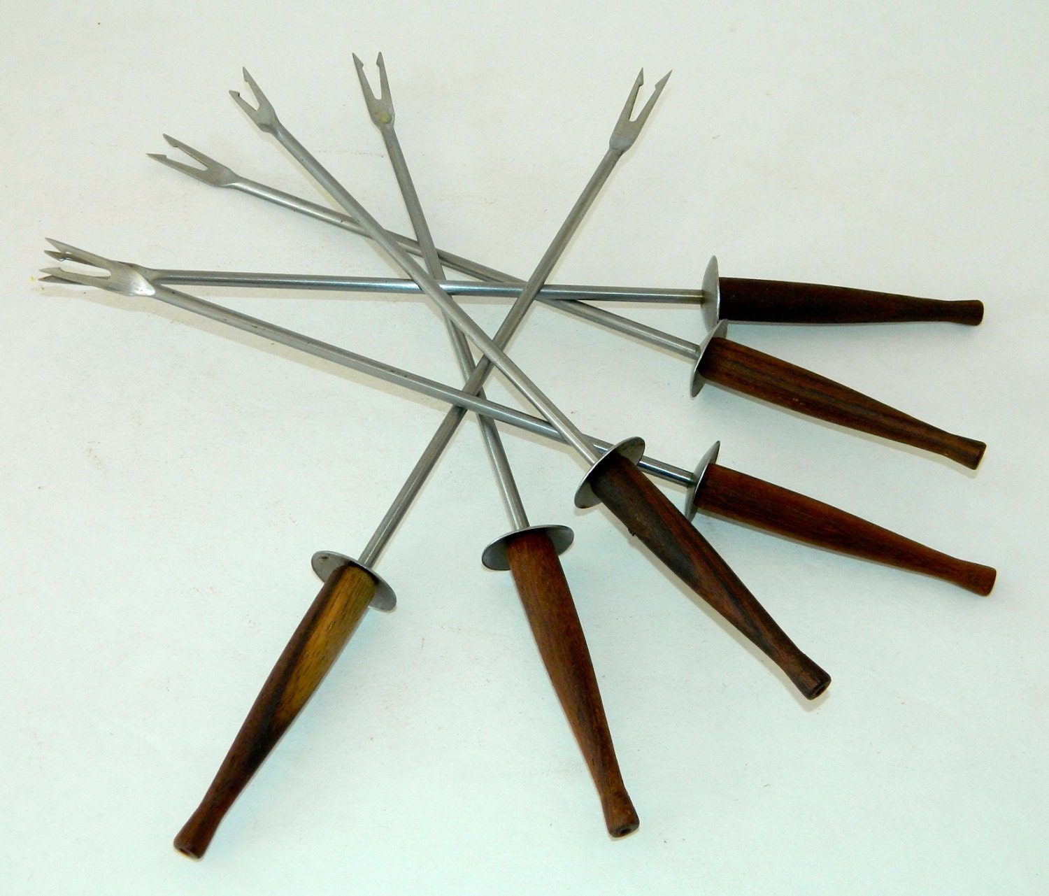vintage 1950s fondue forks 6 fork set teak wood steel Japan