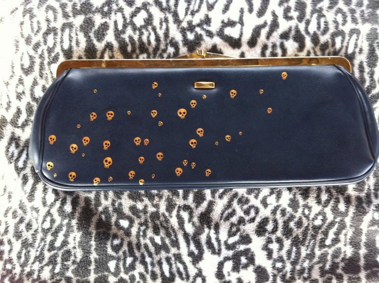 Gold skulls: upcycled hand painted vintage pleather clutch purse