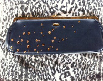 Gold skulls: upcycled hand painted vintage pleather clutch purse