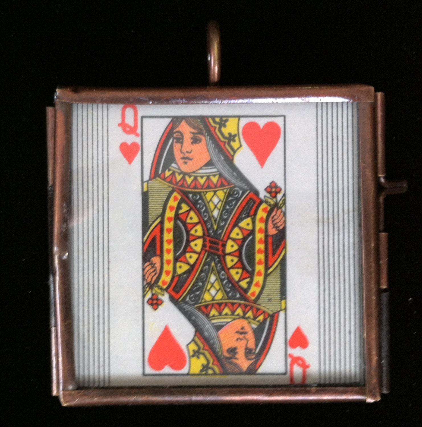 Vintage Ephemera Queen of Hearts Playing Card pendant Original Vintage miniature match box label