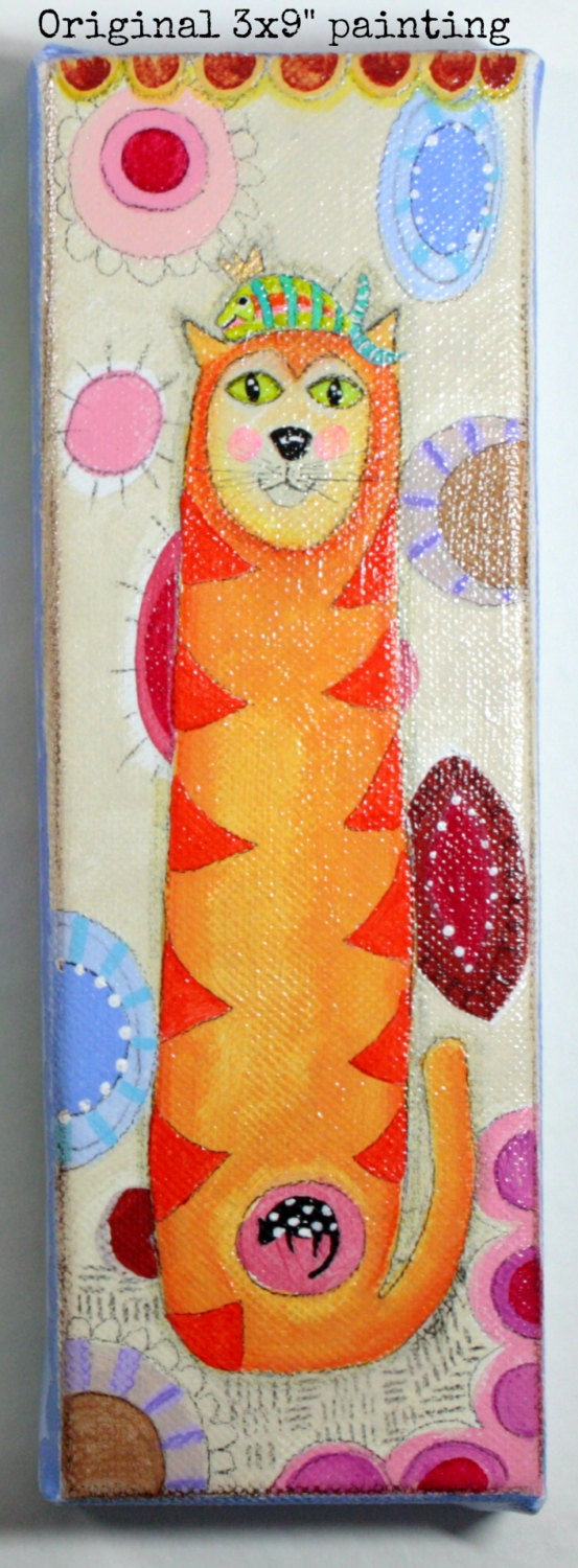 Original Painting - Acrylic Paint - 3 x 9 mini canvas - Orange Kitty Cat with Fish on Etsy
