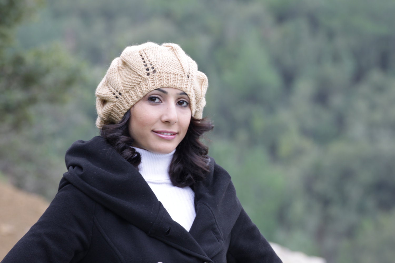 Slouchy knit Hat for Women, Dark Cream Beret