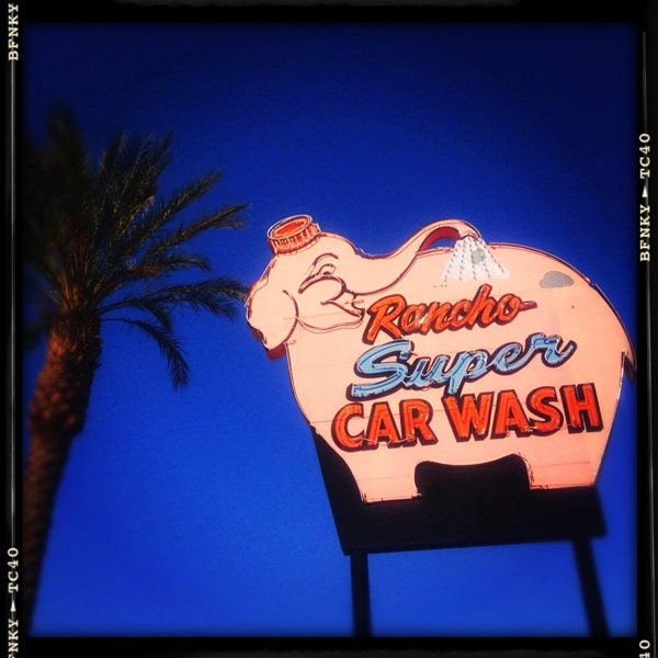 Rancho Super Carwash Vintage Sign - Neon Pink Elephant - iPhoneography - Southern California Art - 5X5 Fine Art Photograph