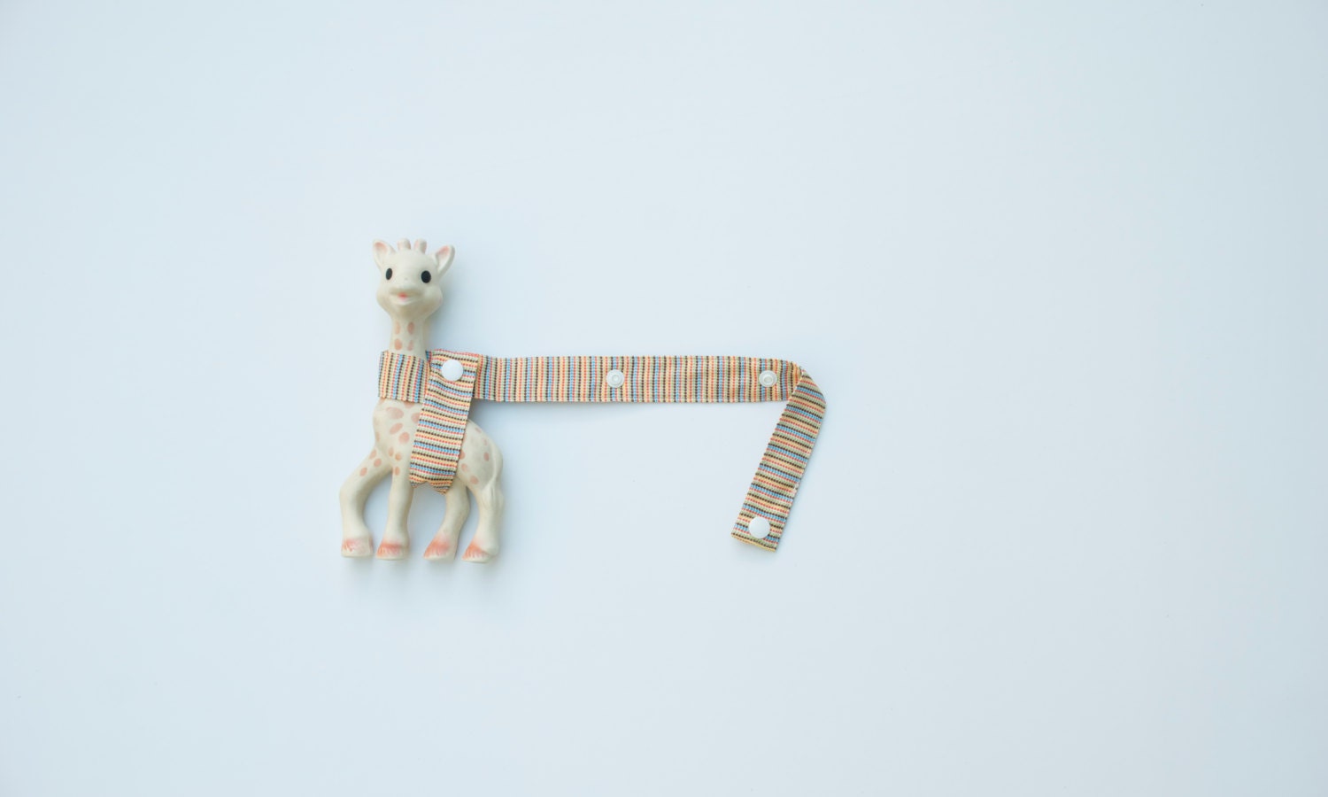 Sophie the Giraffe (& other Toys) Toy Strap - Blue, Orange, Yellow and Brown Dotty Stripe