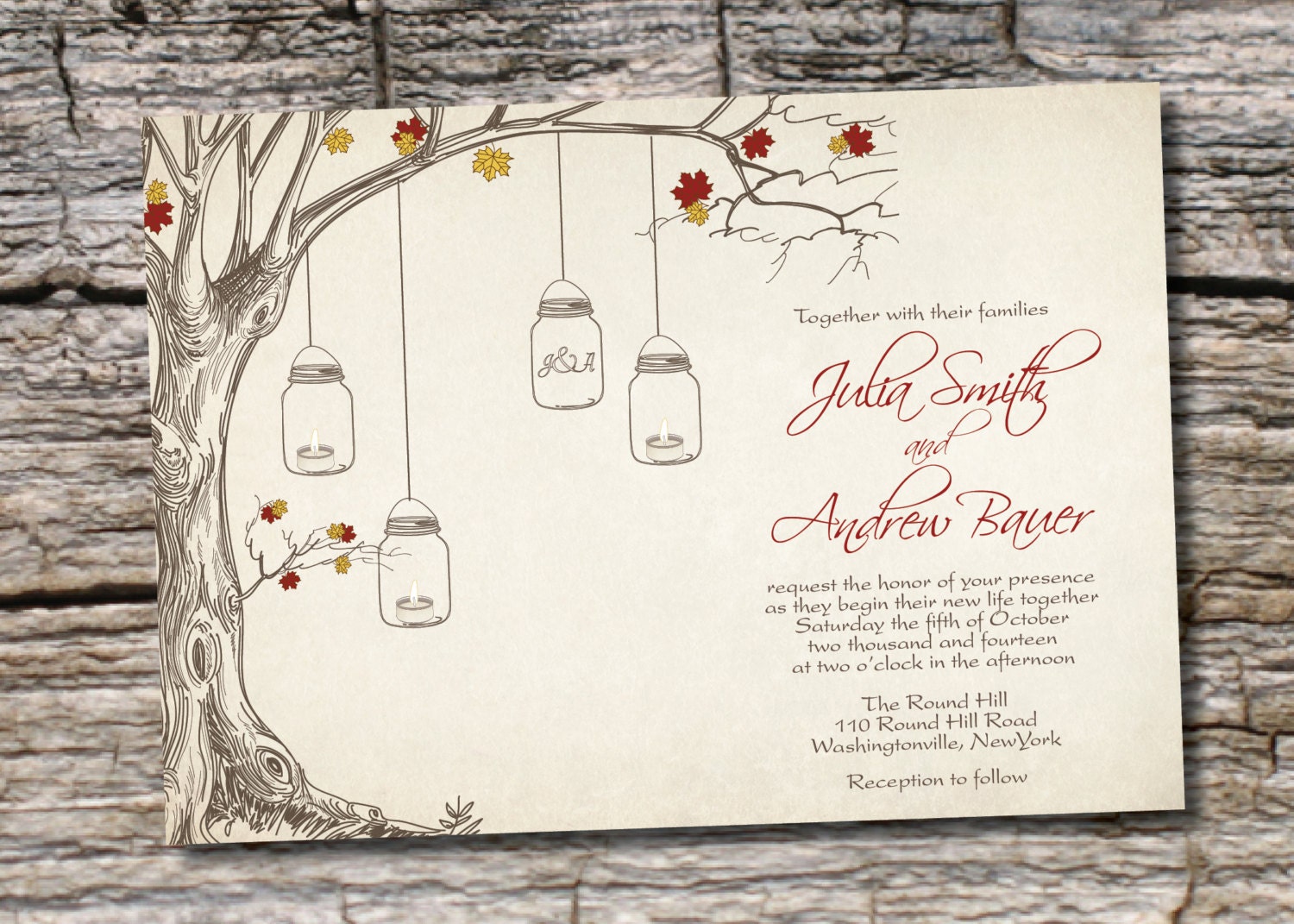 VINTAGE TREE Mason Jar Fall Tealight Candle Wedding Invitation/Response Card - 100 Professionally Printed Invitations & Response Cards