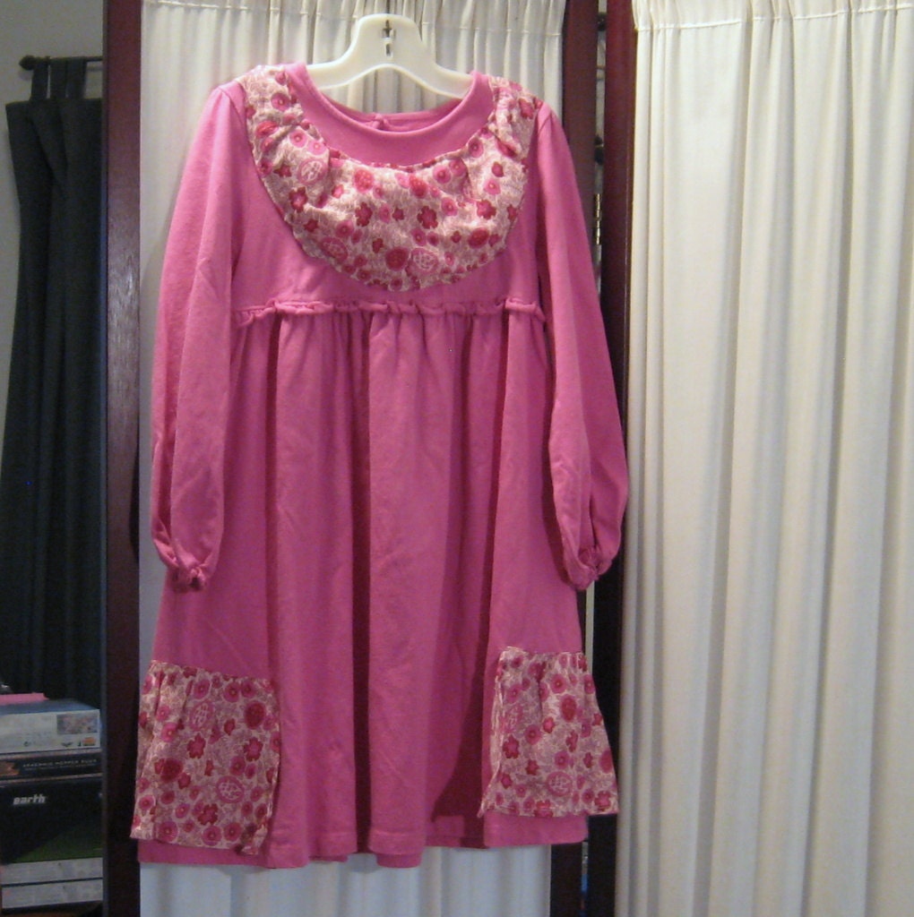 Reconstructed Recycled EcoFriendly Girls' LS Dress Sz 6 Pink with Pink Floral Indian Ethnic Super Cute