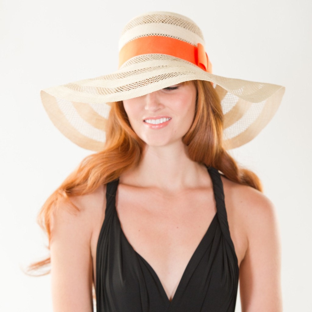 Straw Resort Beach Sun Hat- Striped with Neon Orange Band