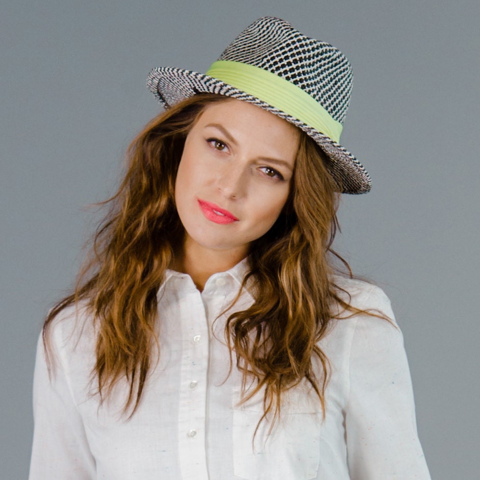 Straw Mod Fedora- Black and White with Neon Green Hat Band