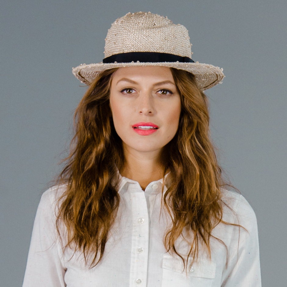 Straw Fedora Hat with Sculpted Crown- Knotted Natural Straw