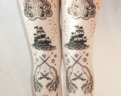 Pirate Printed Tattoo Tights Narwhal Womens Sailor Small Medium Black on Cream Octopus Squid