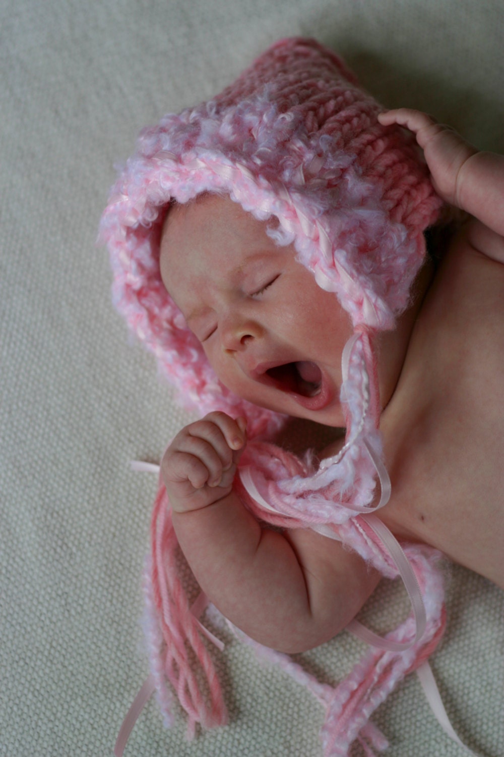 Hand knit baby bonnet photo prop pink or white with free U.S. shipping