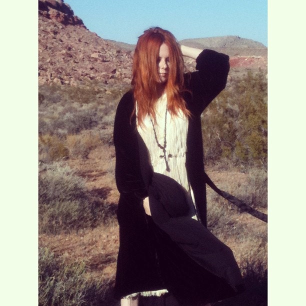 Vintage 80s Long Black Velvet Robe Duster Jacket Size Small Medium