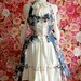 Rococo skirt and vest set in blue floral colorway with white jacquard, ivory lace and dusty pink velvet ribbon bows