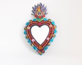 Sacred Heart tin metal mirror / Mexican folk art / bright colorful mixed media / RED rainbow silver / wedding gift