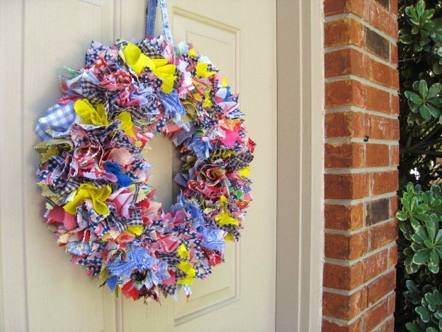 Fabric Wreath, Rag Wreath, Summer Wreath, Front Door Wreath, Outdoor Wreath, Cottage Chic Country Decor, Denim Bandana Fabric Wreath