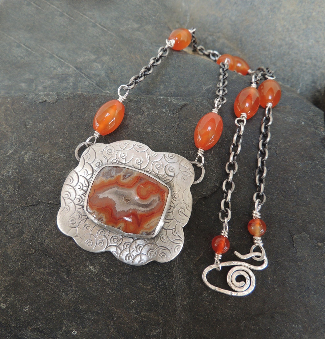 Dryhead Agate Sterling Silver Necklace - with carnelian beads One of a Kind Orange and Rust 24 inch necklace with Gemstones