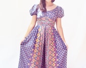 Vintage 70s Boho Jumpsuit Dress XS S Peasant Print Gauzy Gauze Dress Puff Sleeves Provencal Print