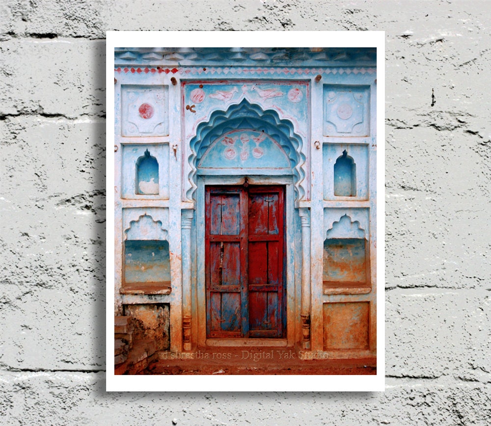 Wood Door Fine Art Photography, Orcha India, Weathered Red Door, Faded Blue Stucco, 8x10 Print,, Affordable Art, Home Decor