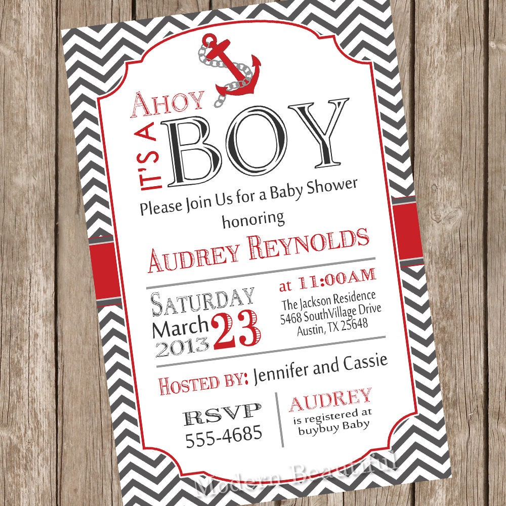 Chevron Ahoy it's a boy baby shower invitation, red, grey, anchor, nautical, digital file Il_170x135