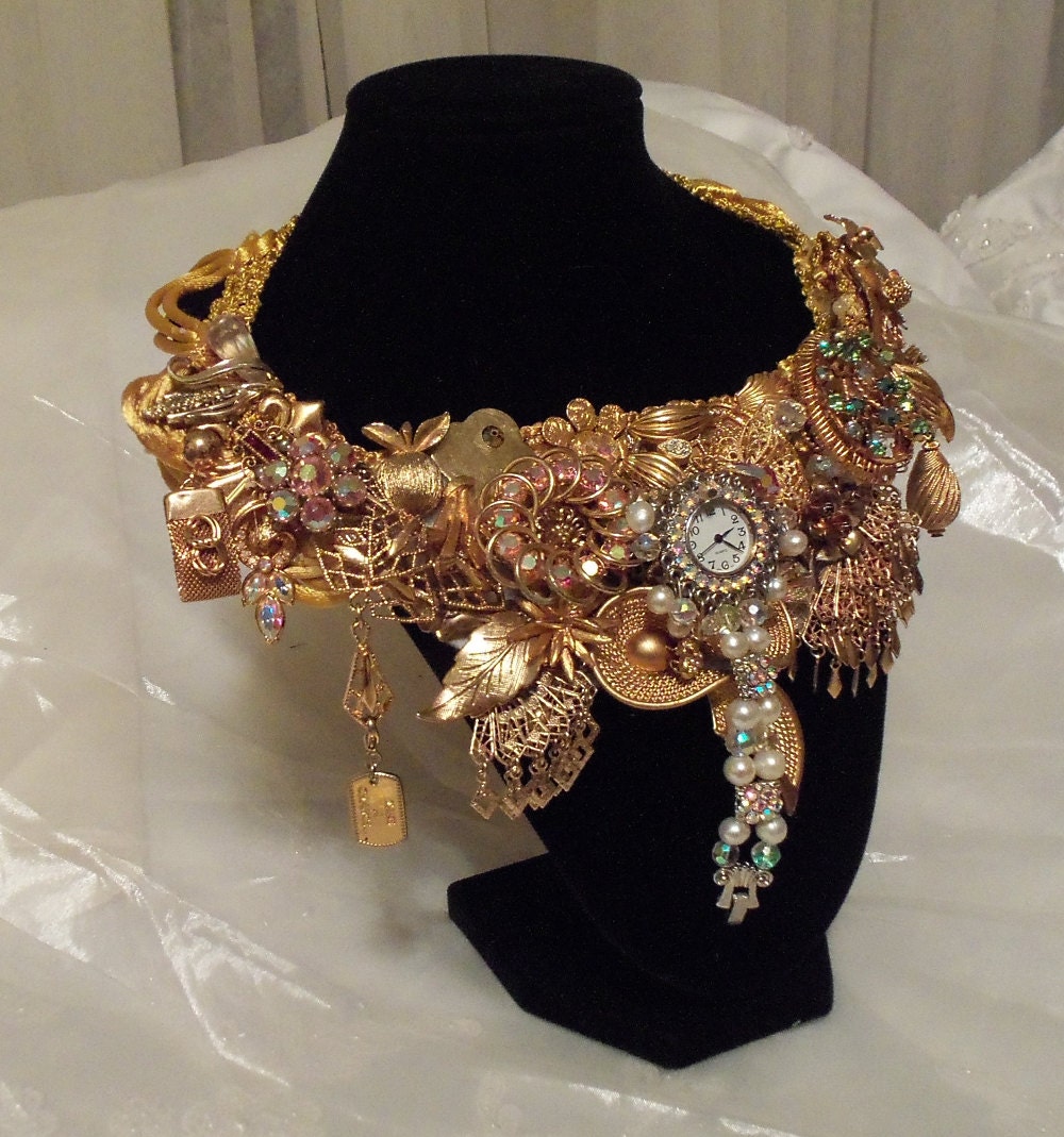 Bejeweled Necklace Assemblage of vintage jewelry, OOAK Steampunk Bib Collar,