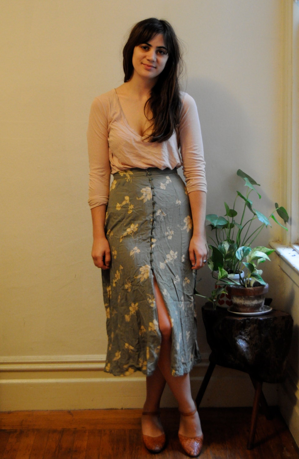 90s Midi Button Up Sage Green Floral Print Skirt