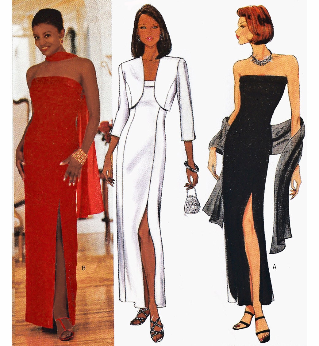 2001 Classic Strapless Fitted Princess Seam Sheath Dress with 3/4 Length Sleeve Bolaro Jacket and Scarf, Butterick 6008, Size 12-16