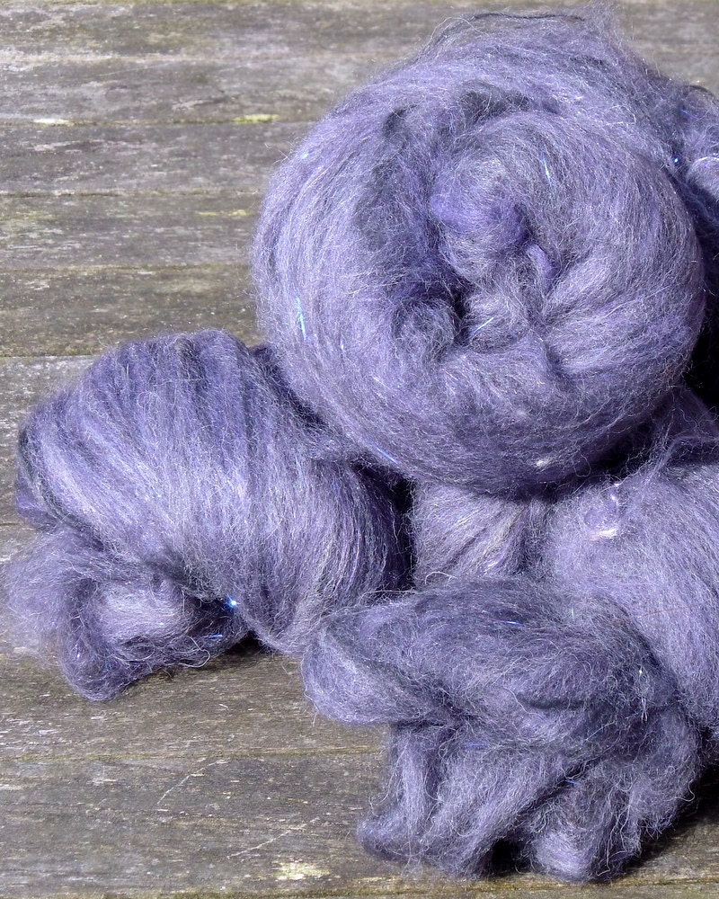 Hand Carded Batts, 105g total, spinning wool, silk, bamboo, tencel, angelina, purple, grey