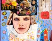 mixed media original, mixed media painting, girls face painting, flowers, houses, collage art, Spring, Summer, portrait painting