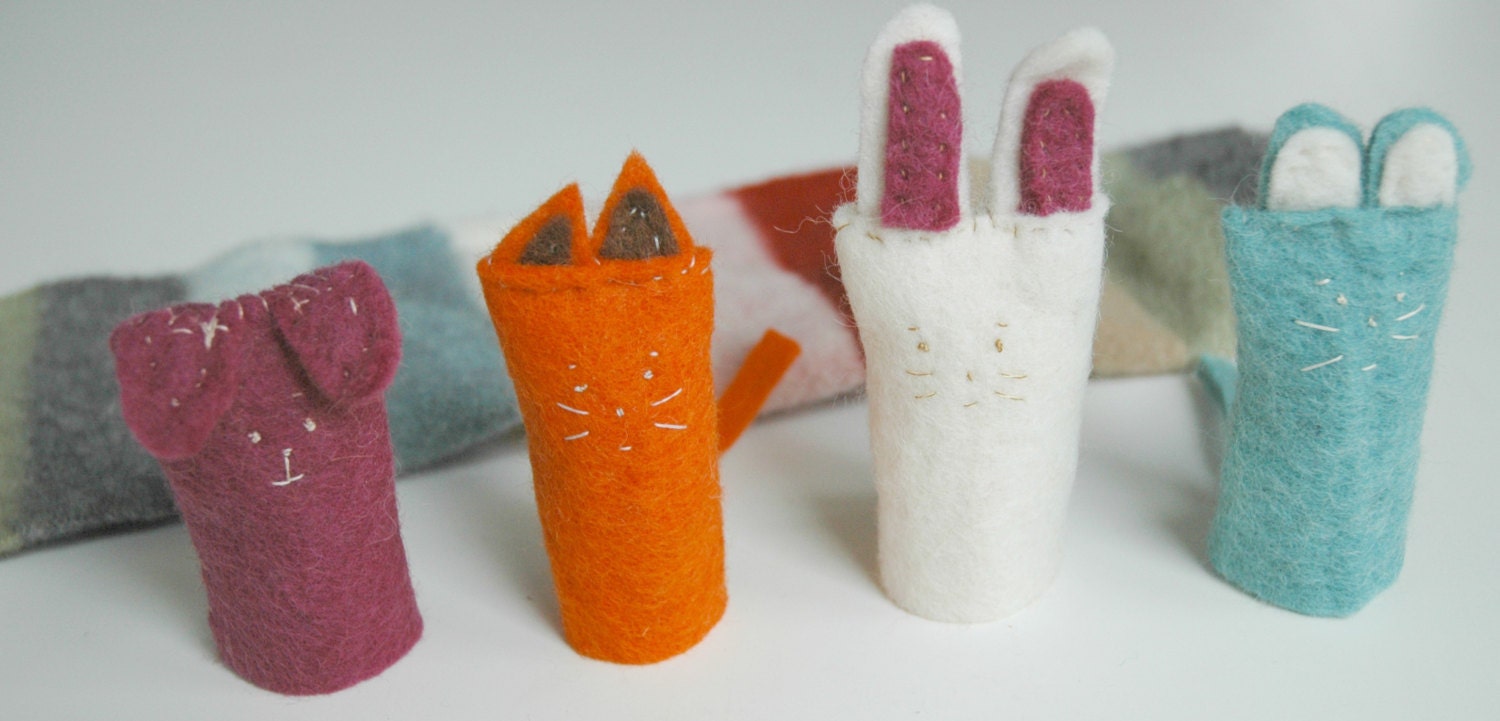 Felt Finger Puppets Set of 4 Animals with Repurposed Felted Sweater Holder 100% Wool Toy