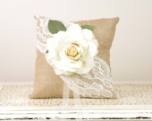Burlap and Lace Ring Bearer Pillow with Large Ivory Rose