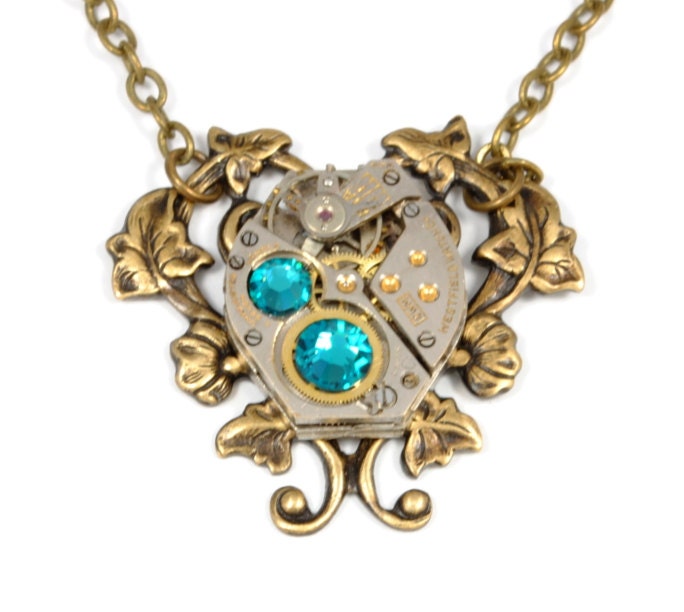 Steampunk Jewelry Steampunk Necklace Vintage Jeweled Watch Movement December Blue Zircon Sweet Steam Punk Jewelry by Victorian Curiosities