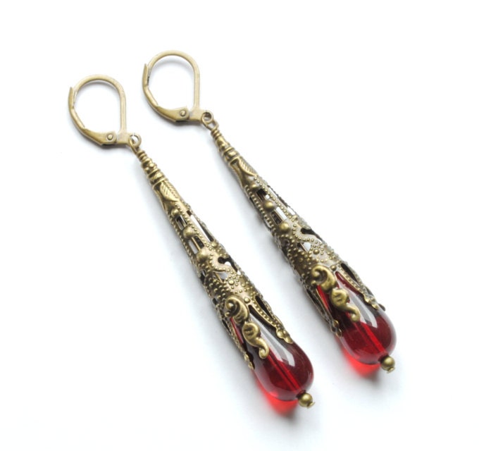 Steampunk Earrings Victorian Steam Punk Earrings Red Earrings Filigree Dangle Earrings Brass Steampunk Jewelry By Victorian Curiosities