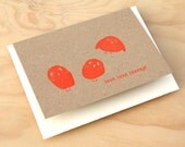 Cute Owl letterpress birthday card in neon orange Hoot Hoot Hooray - quirky fun animal card. 100% recycled Kraft card, cream envelope