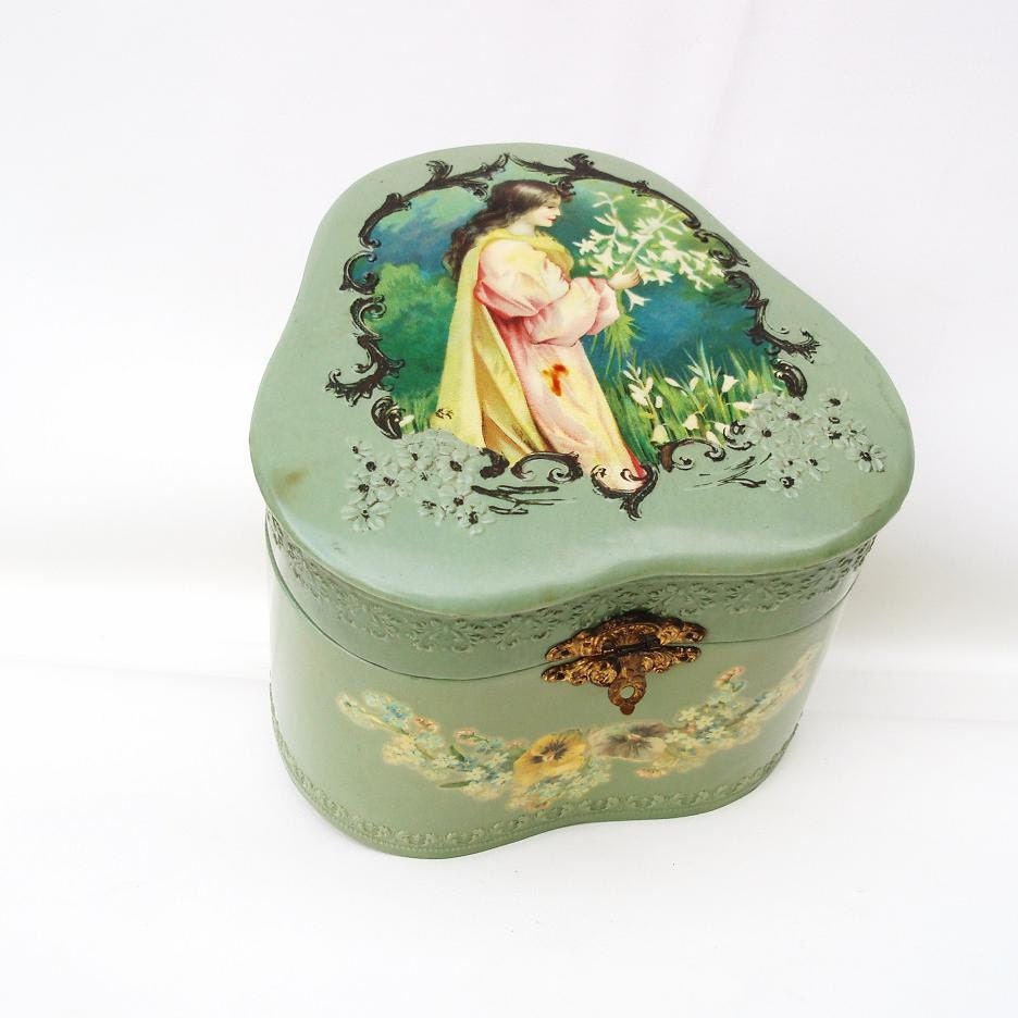 Victorian Collar Box Wedding Ring Box Fine Art Dresser Box Garden Art Decor Teal Green
