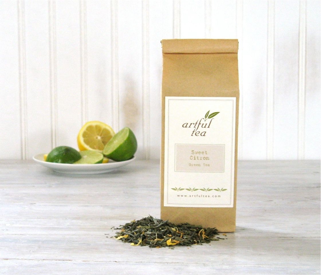 Sweet Citron Green Tea, Luxury Loose Leaf Blend, 3.5 oz. Bag, Lemon Lime Orange Citrus, Summer Iced Tea, Perfect PIcnic Drink