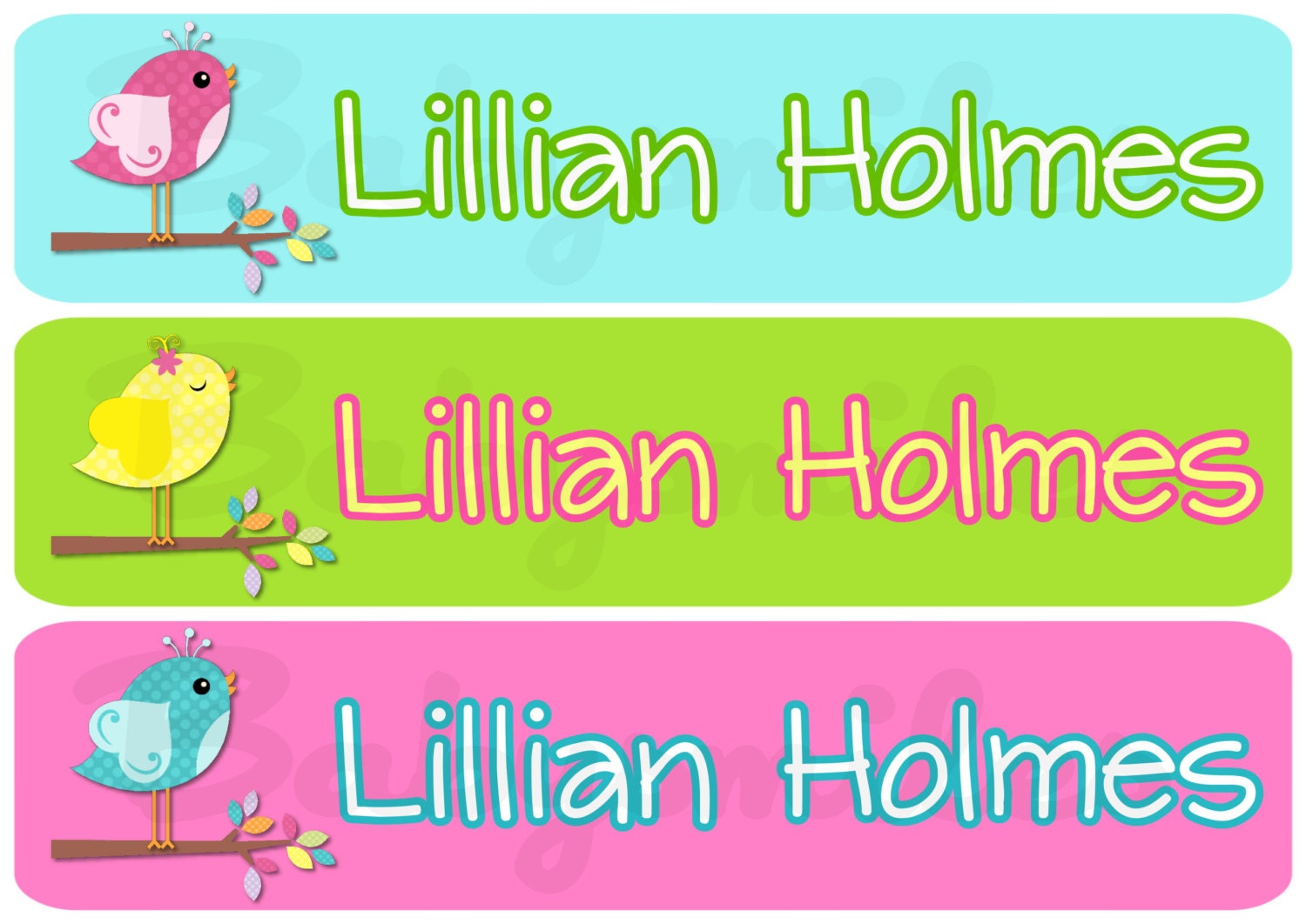 42 Regular or 90 Mini Skinny Personalized Waterproof Name Label Stickers  - NEW Lil Cute Girly Birds - Perfect for School, Daycare