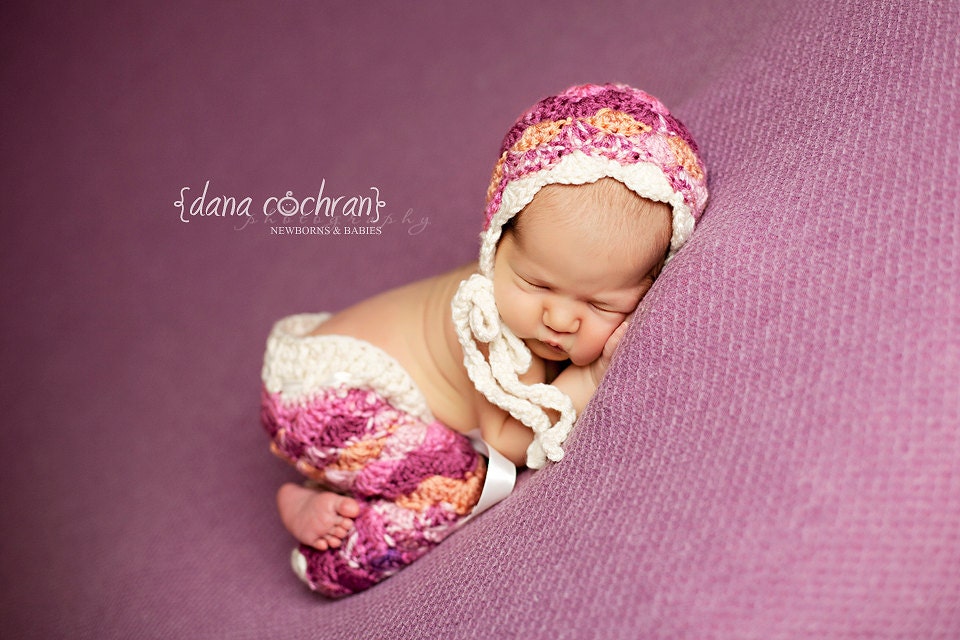 Newborn Prop- Newborn Set- Newborn Pant and Bonnet Set- Raspberry and Cream Newborn Bonnet and Pant Set