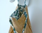 Indian Hand Block Print Organic Cotton Voile and Jute Burlap Market Grocery,Shopping, Beach Laptop Tote Bag Reversible Blue, White, Grey