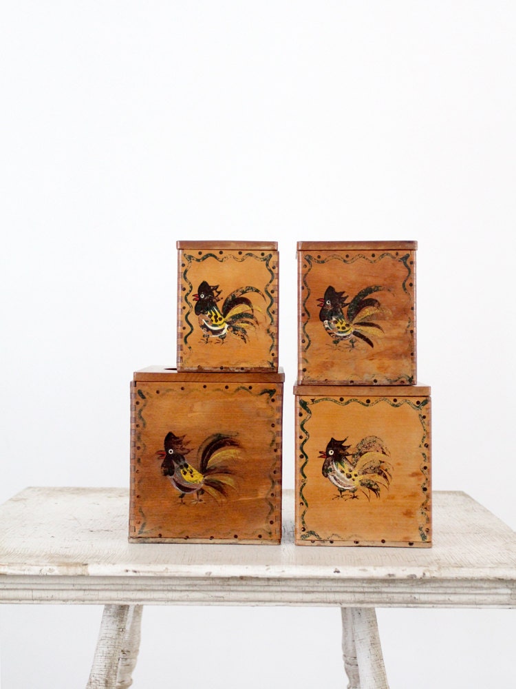 Vintage Rooster Canisters / 1950s Wood Kitchen Containers