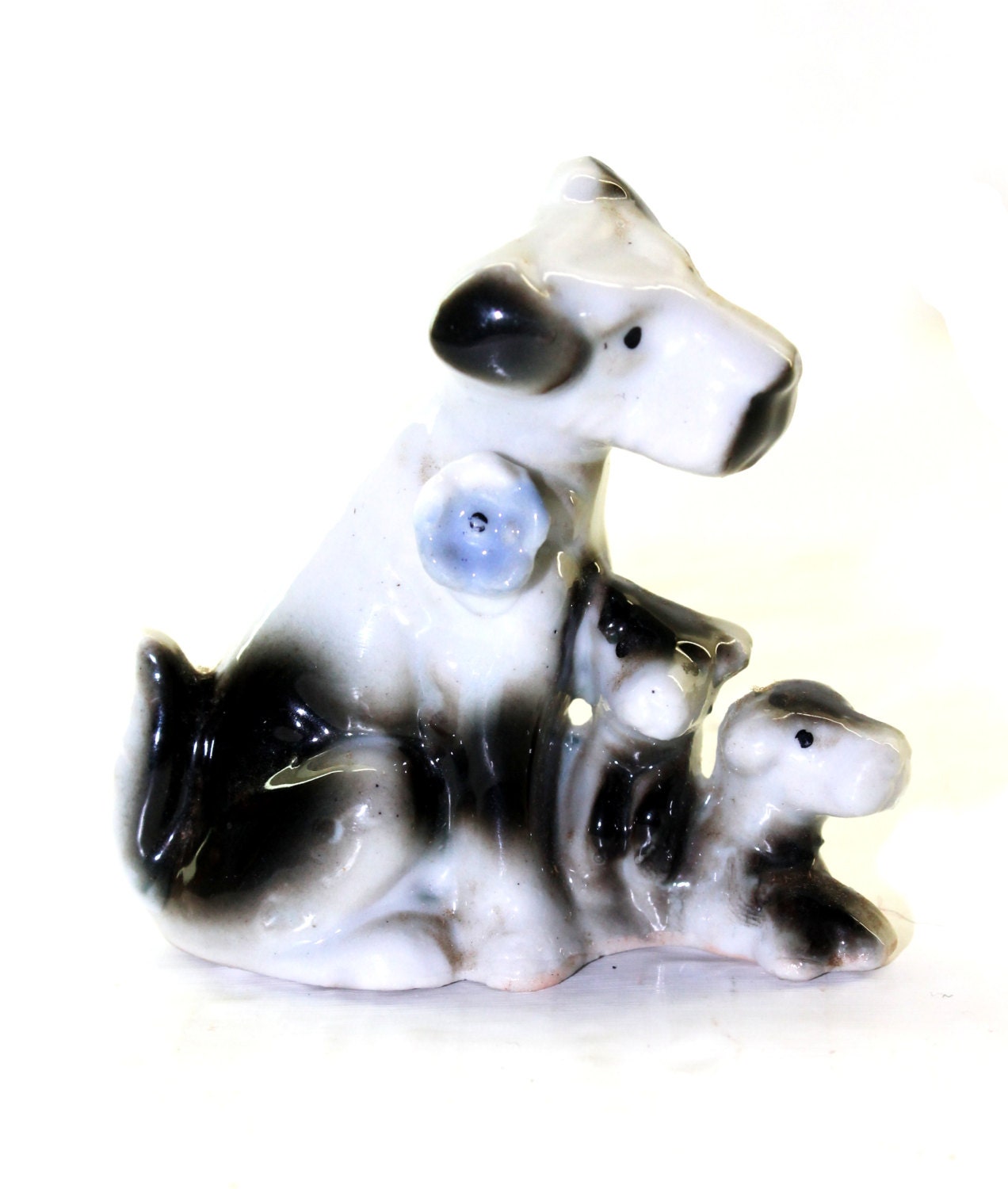 Dog Figurine with Puppies and Flower
