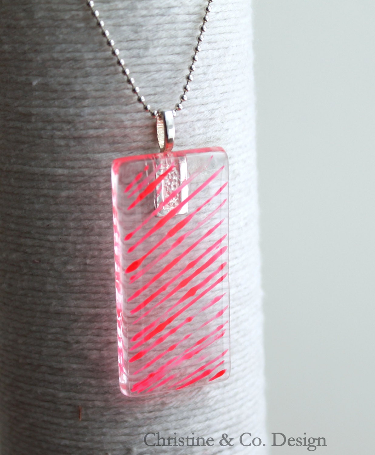 Neon Red Stripes on a Glass Rectangle Pendant