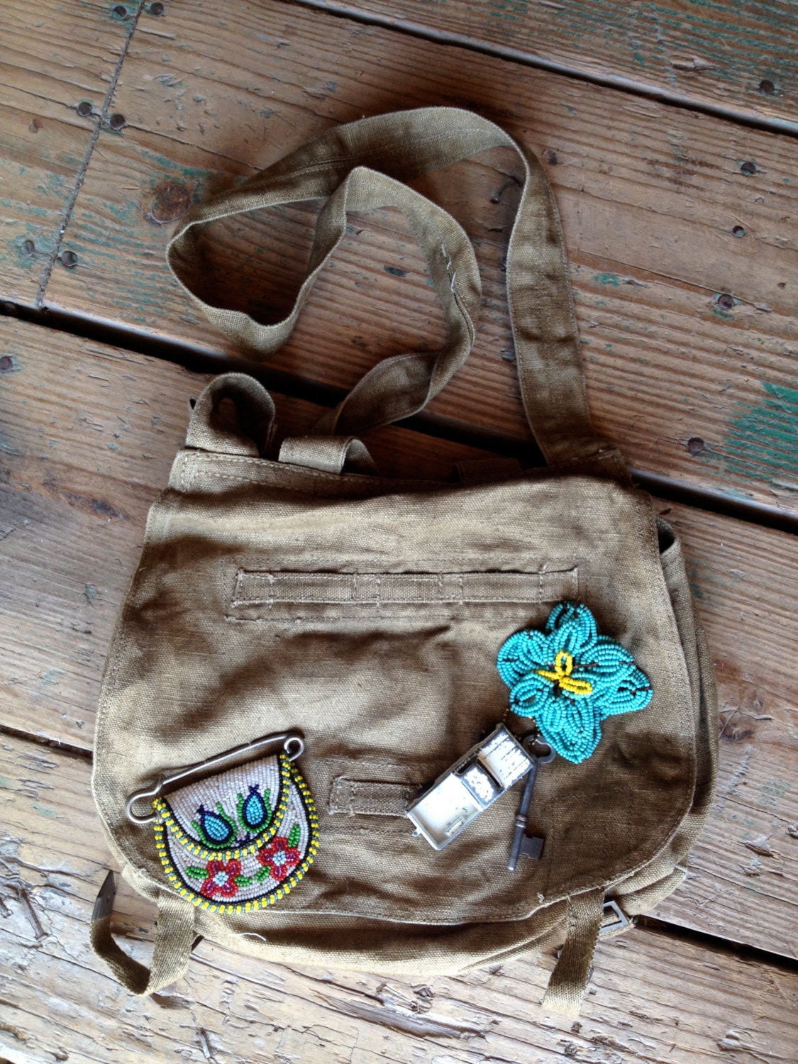 A Vintage Messenger Bag With A Hint Of PFOH Style Vintage Beaded Flowers And An Old Coin Purse