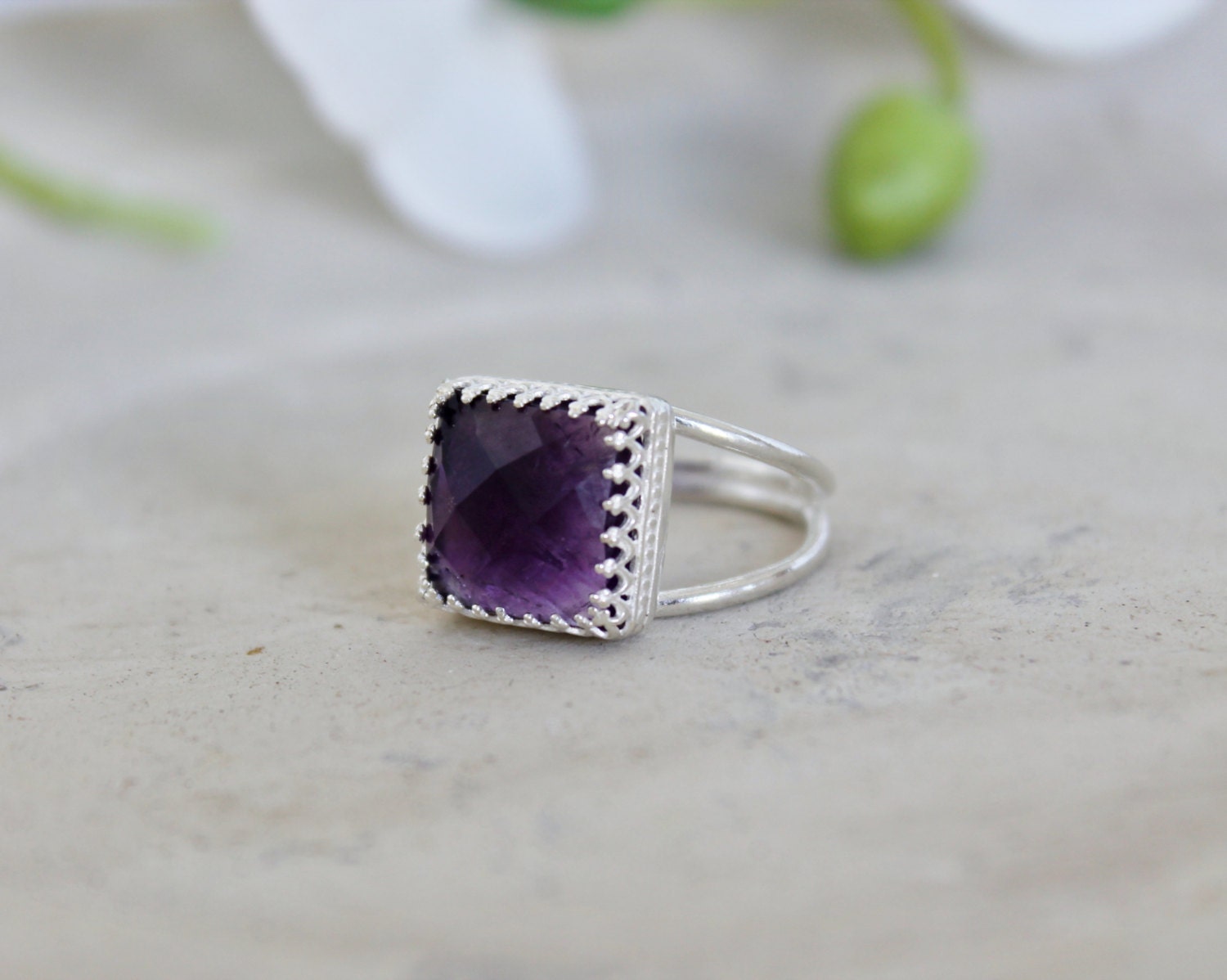 silver amethyst ring,square gemstone ring,sterling silver ring,purple ring,February birthstone ring