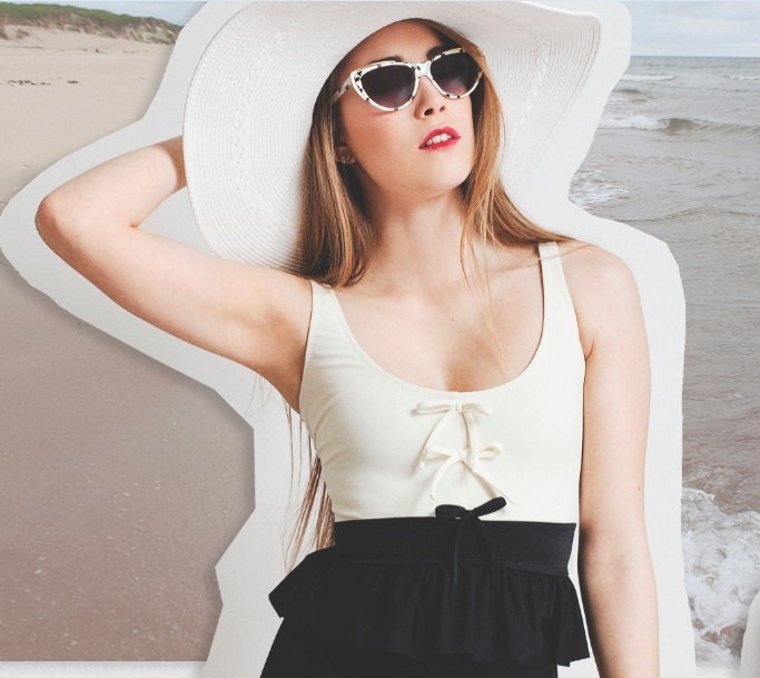 Tankini bow black and white TOP bathing suit