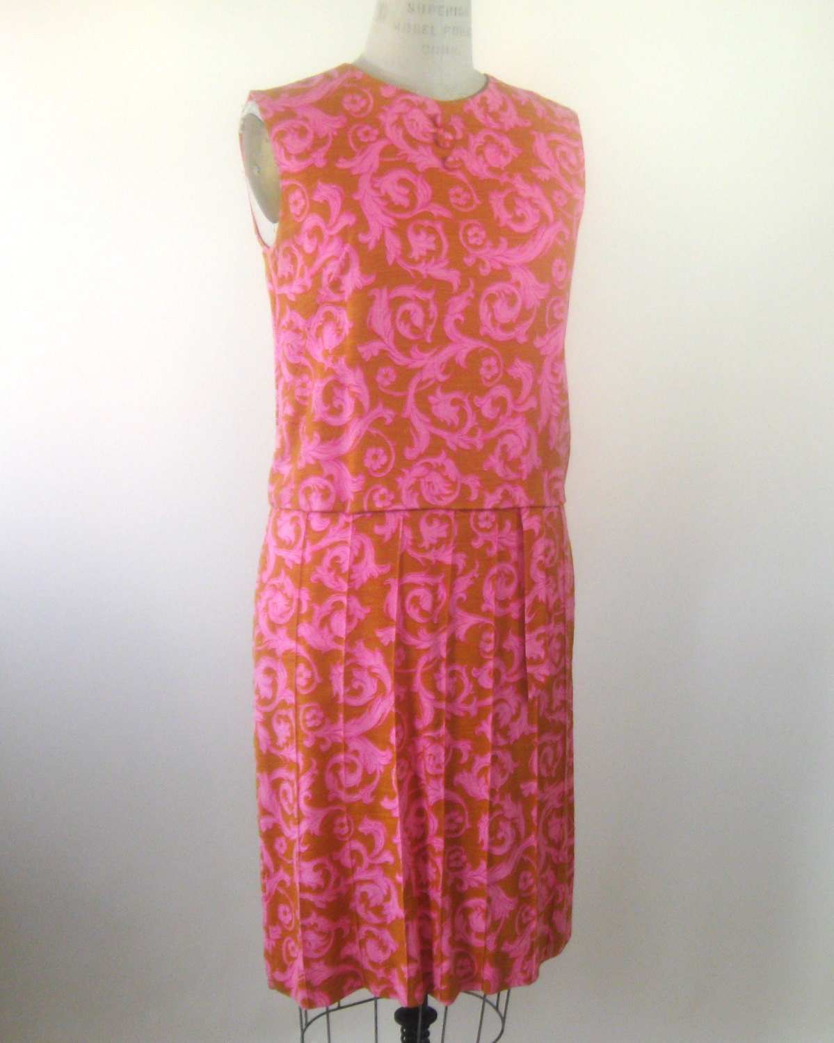 50s Sleeveless Pink Orange Dress Scroll Pattern Womens Medium Large