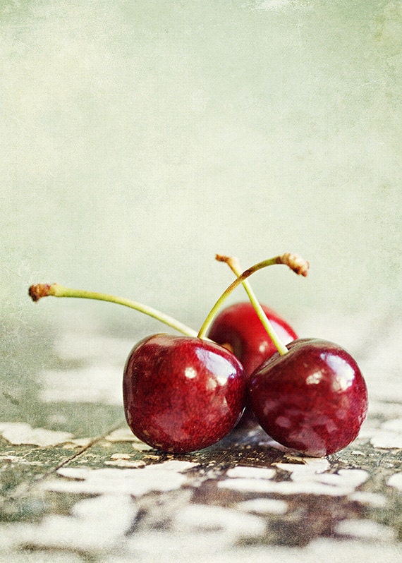Kitchen Print - Kitchen Decor - Red Cherries Picture - Mint - Food Photography - Shabby Chic Kitchen Decor - Fruit Photograph.