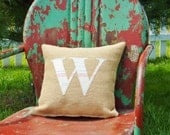 Monogram Letter "W" Initial Burlap Pillow- Vintage Feedsack -Appliqued- Wedding- Anniversary- Insert Included-ready to ship