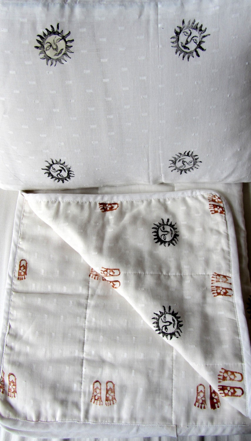 reversible sun baby feet black burnt sienna baby blanket, hand block printed using Indian wood blocks on 100% cotton fabric, baby throw