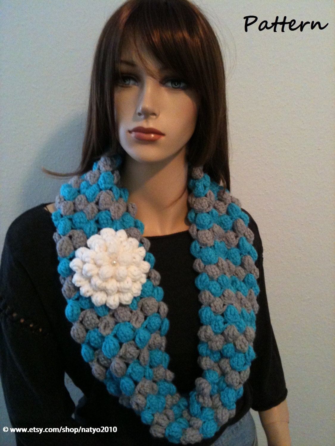 INSTANT DOWNLOAD Mary Two-Color Infinite Scarf Crochet with Flower - PDF Pattern
