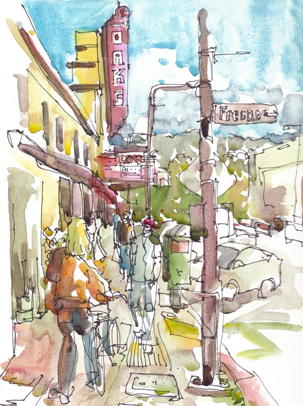 Graduation Gift Berkeley Solano Avenue 8x10 print of a watercolor sketch